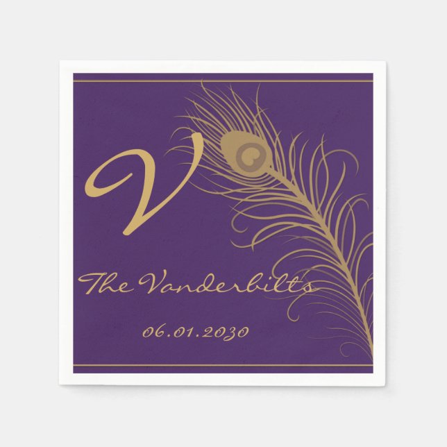 Peacock Plume in Gold and Purple Plum Napkins (Front)