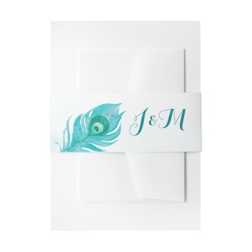 Peacock Plume Monogram Watercolor Wedding Invitation Belly Band