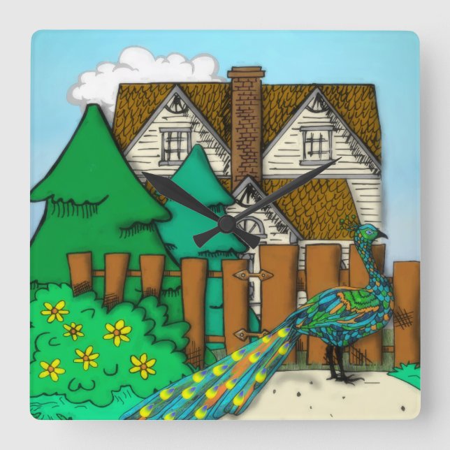 Peacock Pop Square Wall Clock (Front)