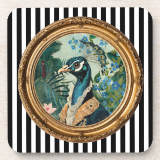 Peacock Portrait Art Print in Ornate Gold Frame St Beverage Coaster