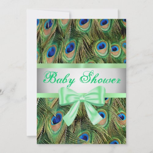 Peacock Print Green Bow Baby Shower Invitation