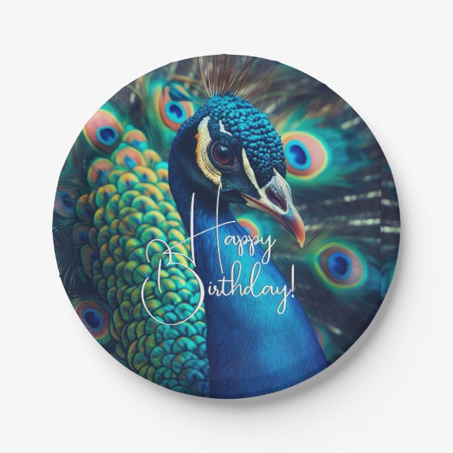 Peacock Profile Happy Birthday Paper Plates (Front)