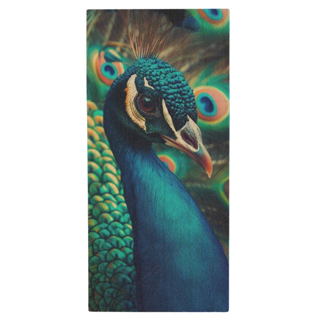Peacock Profile Wood Flash Drive (Front Vertical)