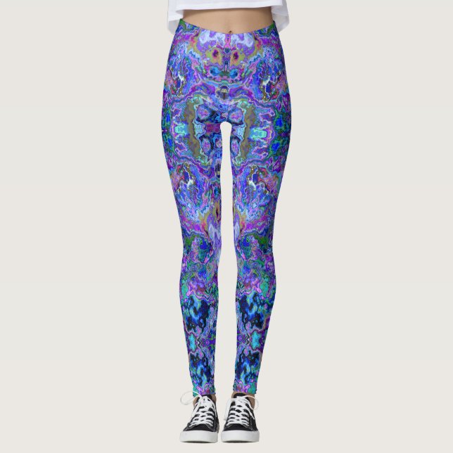 Peacock Purple, Blue and Green Marbled Look Leggings (Front)