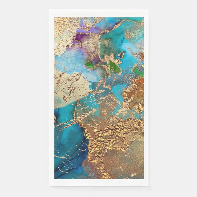 Peacock purple blue faux gold foil chic paper guest towels (Front)