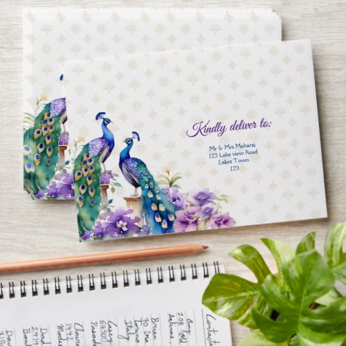 Peacock purple flowers Indian wedding Envelope