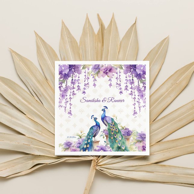 Peacock purple flowers Indian wedding tableware Napkins (Peacock purple flowers Indian wedding tableware personalized template napkins wisteria gardens)