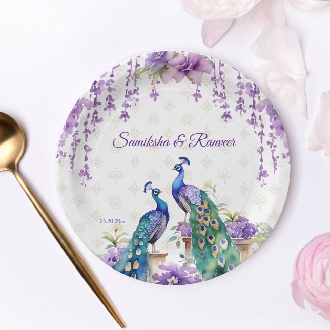 Peacock purple flowers Indian wedding tableware Paper Plates (Peacock purple flowers Indian wedding tableware personalized template Paper Plates)