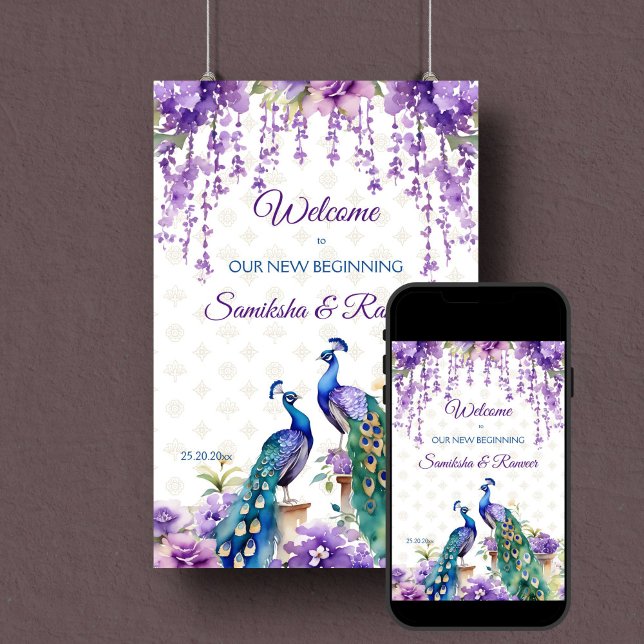 Peacock purple flowers Indian wedding welcome sign (Peacocks purple flower garden Indian wedding welcome sign editable template poster digital download)