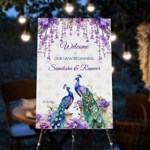 Peacock purple flowers Indian wedding welcome sign
