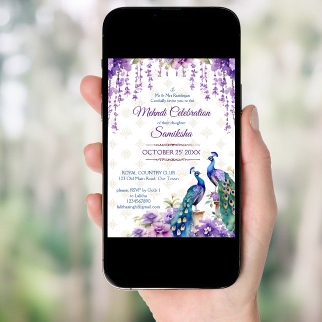 Peacock purple flowers Mehndi Indian wedding Invitation (Front Digital)
