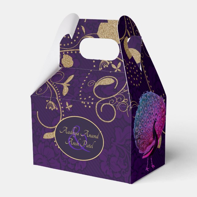 Peacock Purple Gold Gable Favor Box Personalized (Front Side)