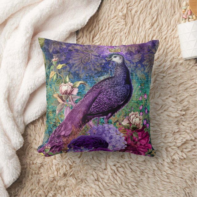 Peacock Purple Teal Floral Throw Pillow (Blanket)