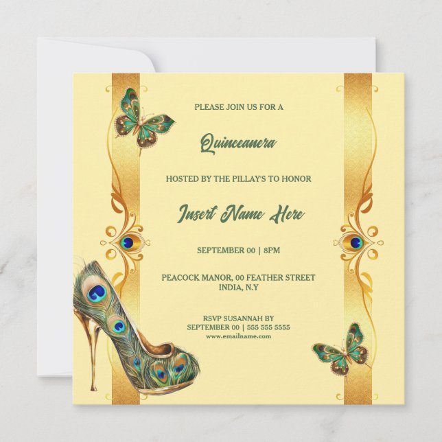 Peacock Quinceañera gold green glam feathers Holiday Card (Front)