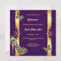 Peacock Quinceañera gold purple glam feathers