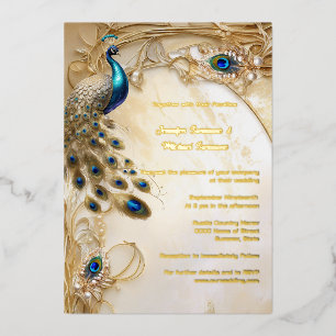 Peacock real foil vintage feathers art nouveau  foil invitation