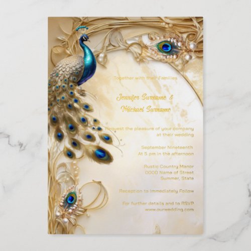 Peacock real foil vintage feathers art nouveau  foil invitation