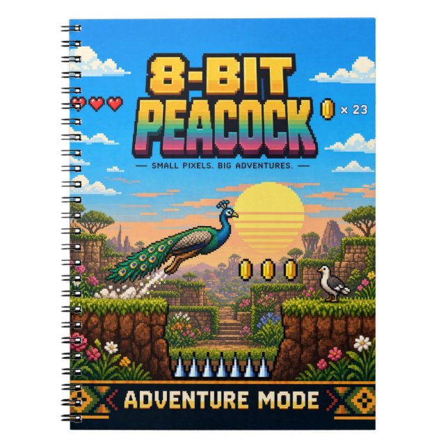 Peacock, Retro 8-Bit Pixel Art Notebook (Front)