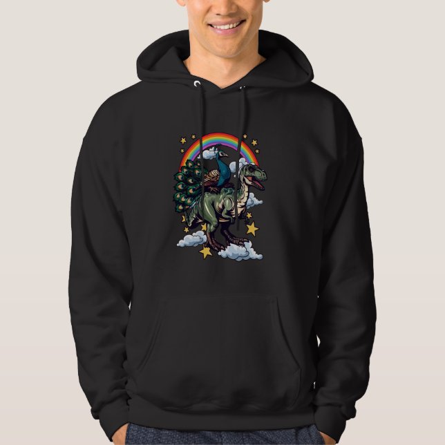 Peacock Riding a Dinosaur Dino Hoodie (Front)