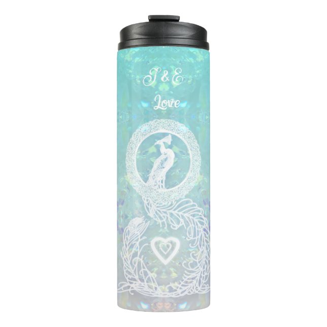 Peacock romantic wedding, heart personalized thermal tumbler (Front)