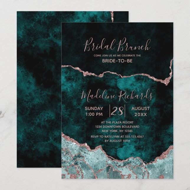 Peacock & Rose Gold Agate Bridal Brunch Invitation (Front/Back)