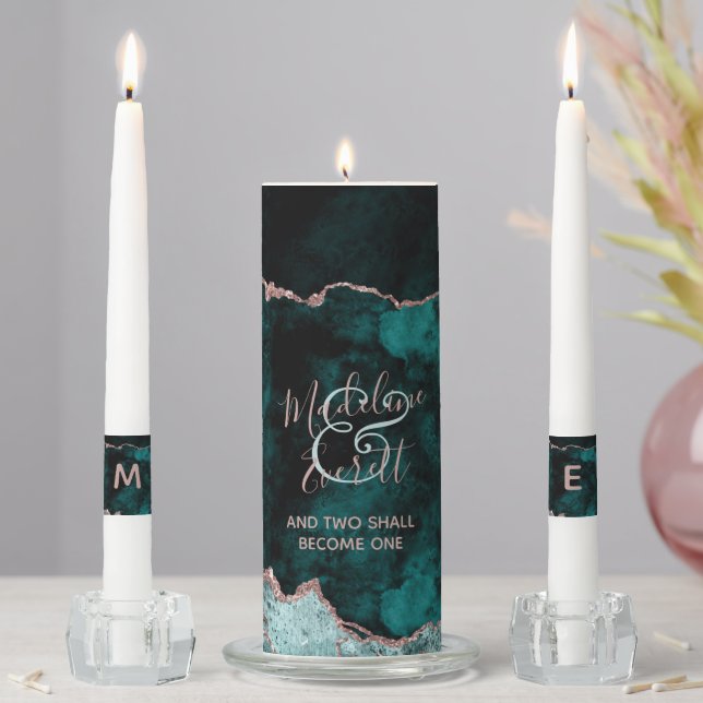 Peacock & Rose Gold Marble Agate Wedding Monogram Unity Candle Set (In Situ)