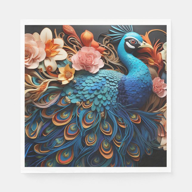 Peacock Roses Elegant Pretty Paper Napkins (Front)