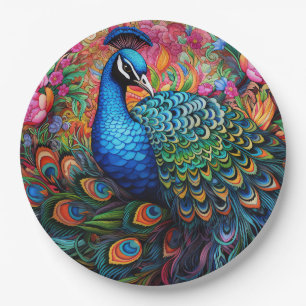 Peacock Roses Elegant Pretty Paper Plates