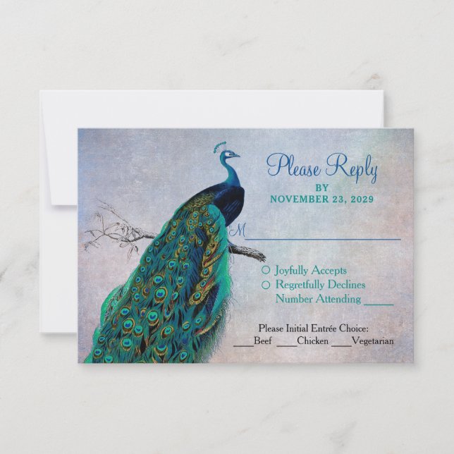 Peacock RSVP Wedding Response Card w/ Meal Options (Front)