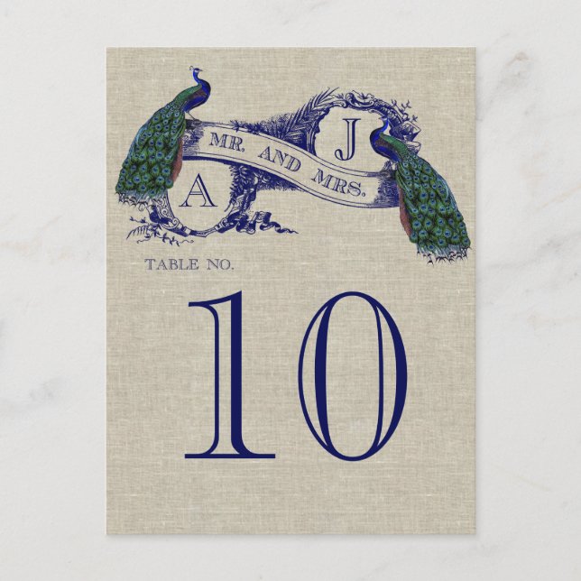 Peacock Rustic Wedding Table Number Card (Front)
