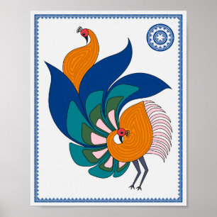 Peacock Serenity: Modern Madhubani Art Poster