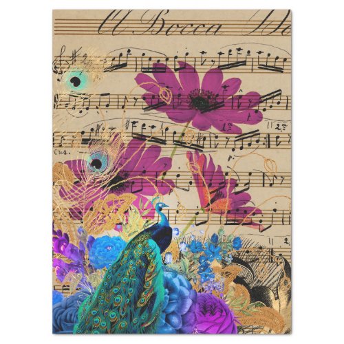 Peacock Sheet Music and Flowers Decoupage Paper