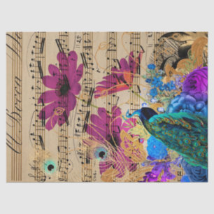 Peacock, Sheet Music, and Flowers Decoupage Paper