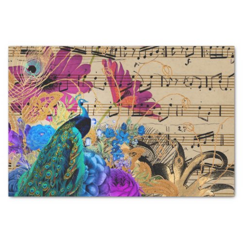 Peacock Sheet Music Floral Decoupage Tissue Paper 