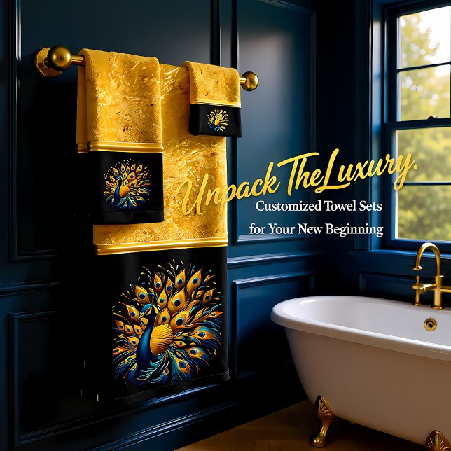 Peacock Showcasing Blue and Yellow Plumage Bath Towel Set (Creator Uploaded)