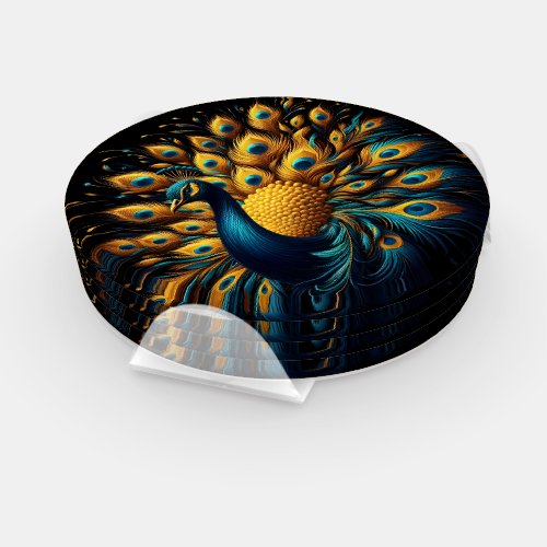 Peacock Showcasing Blue and Yellow Plumage Coaster Set