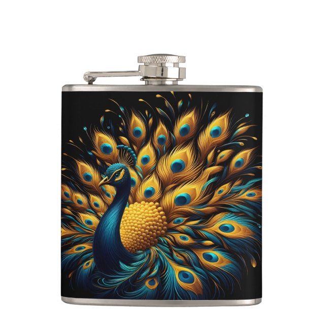 Peacock Showcasing Blue and Yellow Plumage Flask (Front)