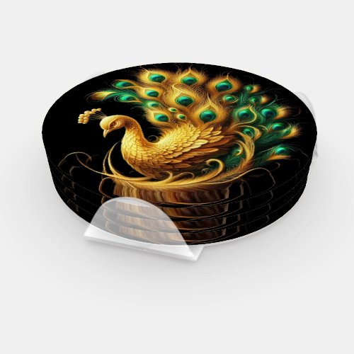 Peacock Showcasing Green and Yellow Plumage Coaster Set