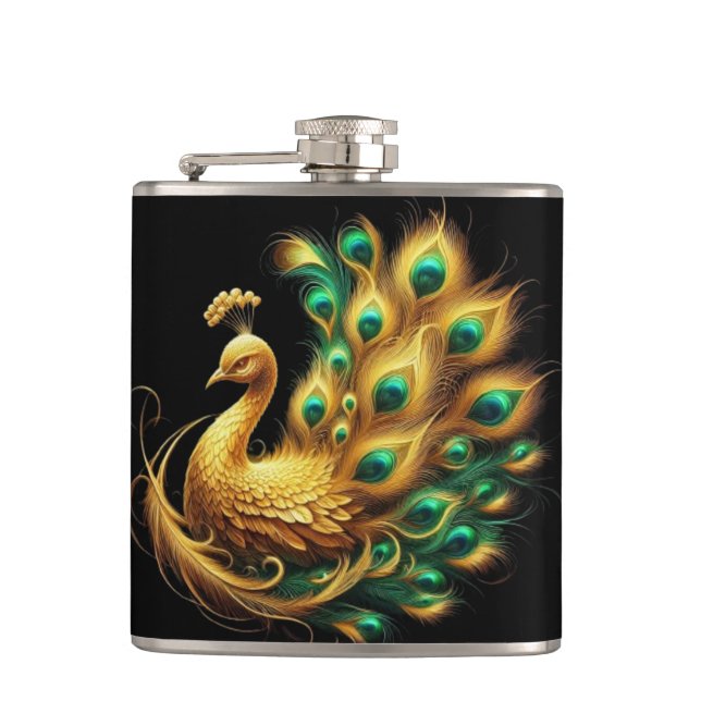 Peacock Showcasing Green and Yellow Plumage Flask (Front)