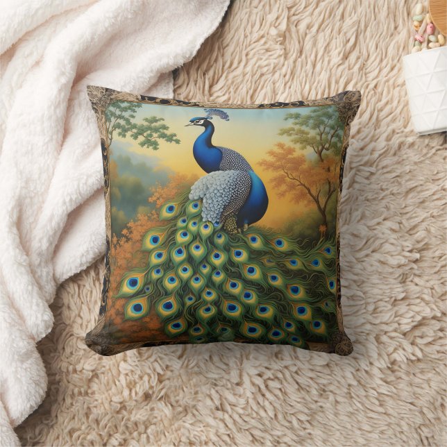 Peacock Showing Feathers in Autumn Throw Pillow (Blanket)