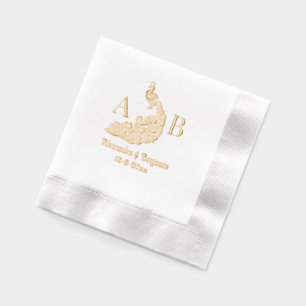 Peacock Silhouette #4 Couple 2 Init Monogram Names Foil Napkins