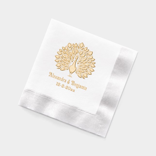 Peacock Silhouette #6 Round Wedding Couple Name Foil Napkins (Left)