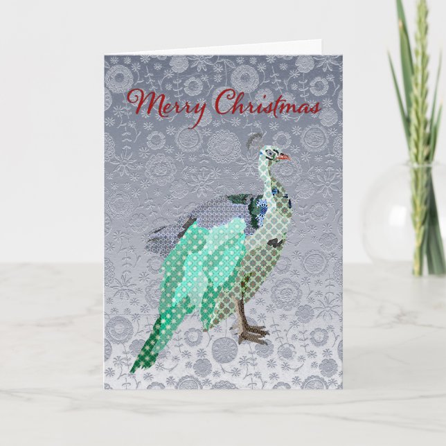 Peacock Silver Ornate  Christmas Greeting Holiday Card (Front)