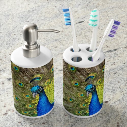 Peacock Soap Dispenser & Toothbrush Holder