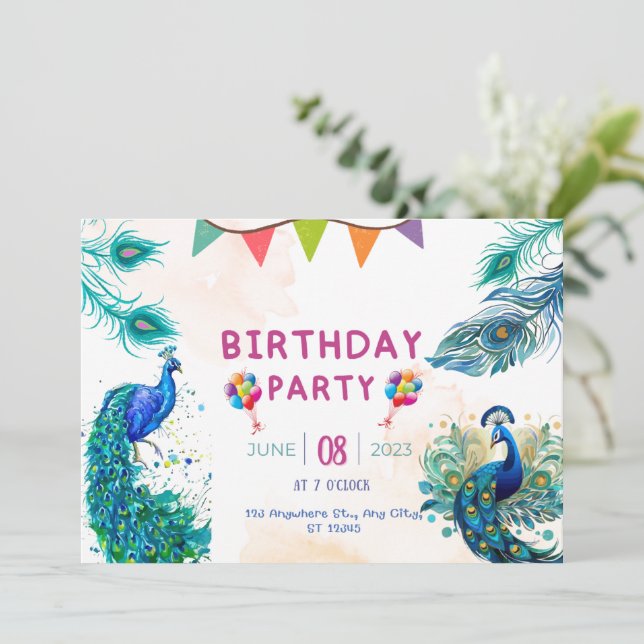 Peacock Special Patina birthday   Invitation (Standing Front)