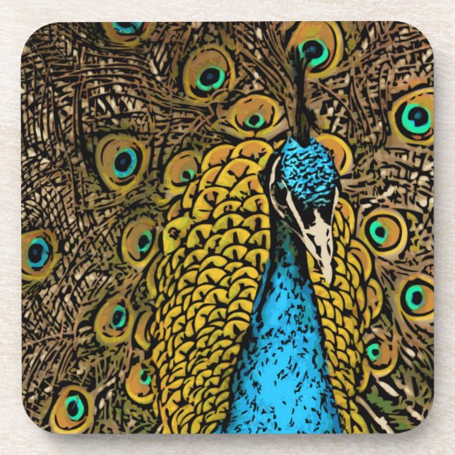 Peacock Splendor Illustration Drink Coaster (Front)