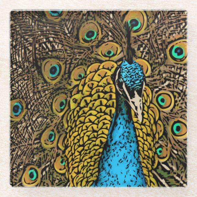 Peacock Splendor Illustration Glass Coaster (Front)
