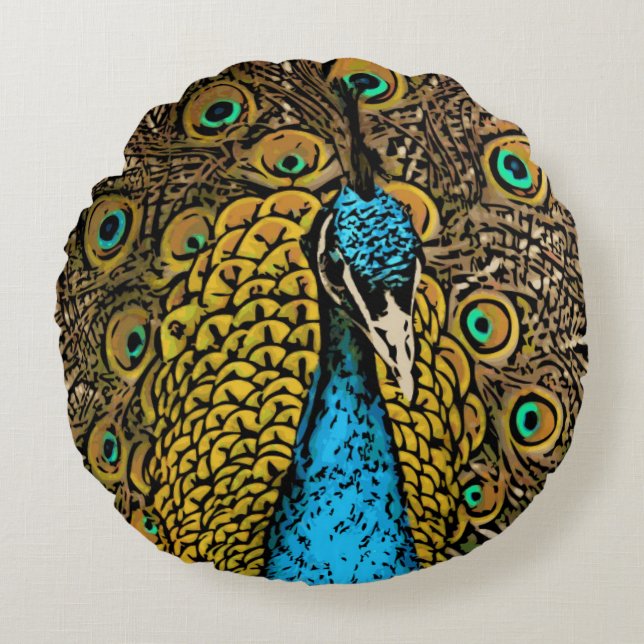 Peacock Splendor Illustration Round Pillow (Front)