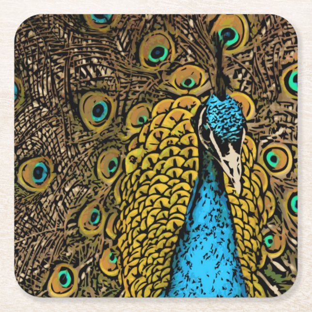 Peacock Splendor Illustration Square Paper Coaster (Front)