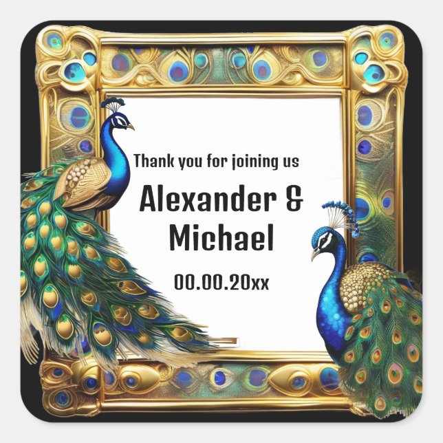 Peacock square luxury border art nouveau chic  square sticker (Front)
